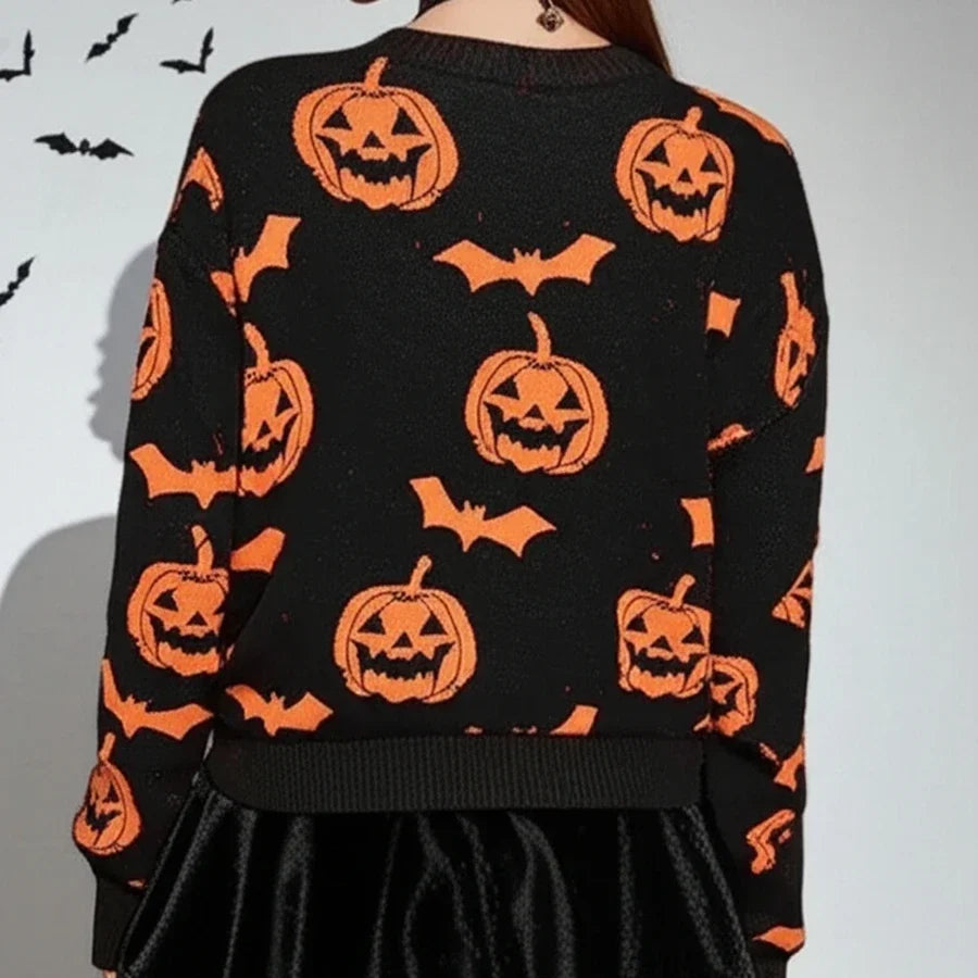 Spooky Pumpkin and Bat Print Halloween Pullover - Graphic Fall & Costume Sweater for Women