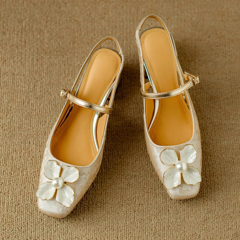 Women's Floral Slingback Block Heel Pumps | Comfortable Low Heel Dress Shoes