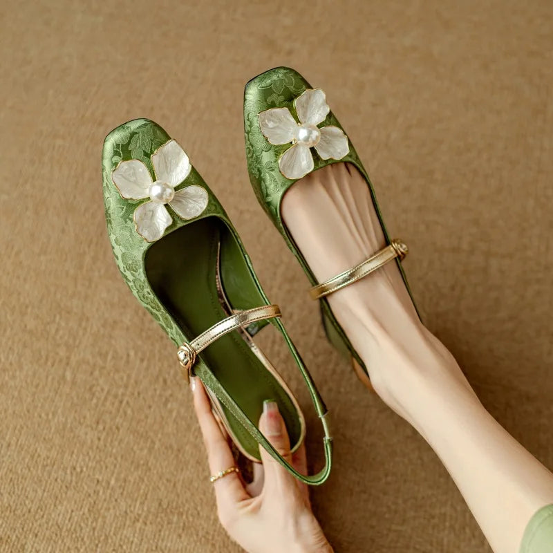 Women's Floral Slingback Block Heel Pumps | Comfortable Low Heel Dress Shoes