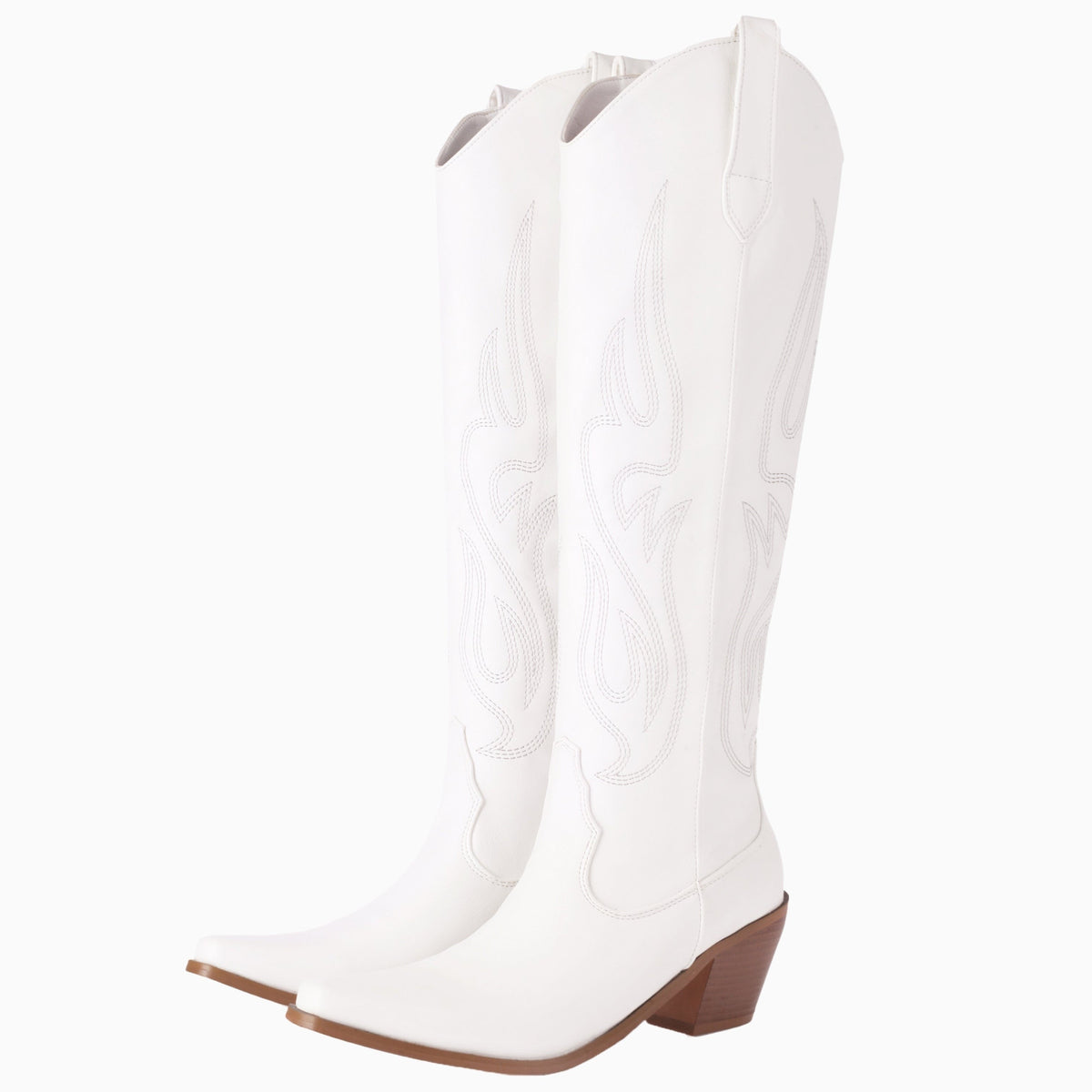 White Cowgirl Boots – Sleek Tall Western Knee-High Bolted Boots with Block Heel
