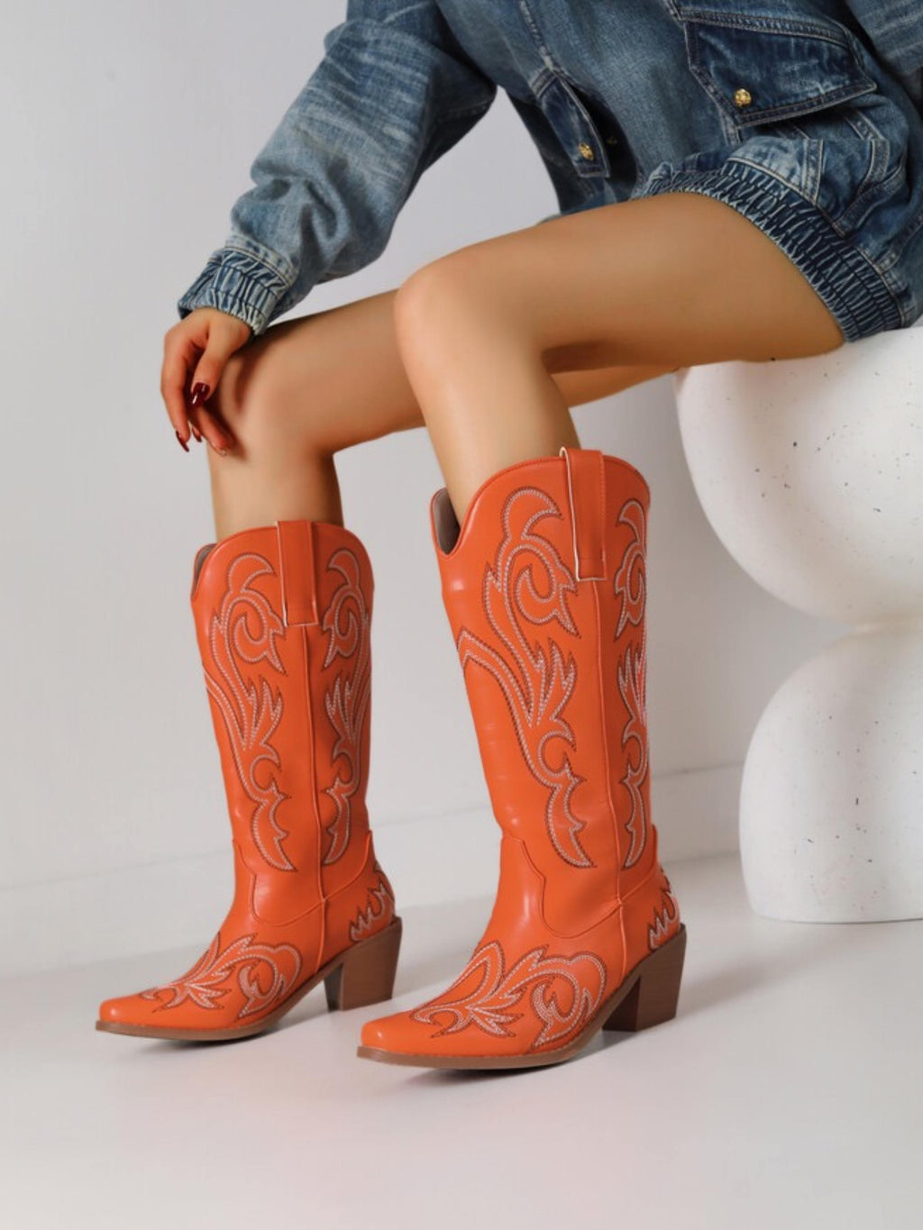 Women's Orange Floral Long Cowgirl Boots