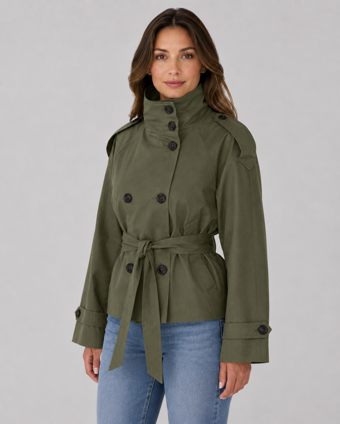 Women’s Cropped Trench Coat – Funnel Neck Tie Waist