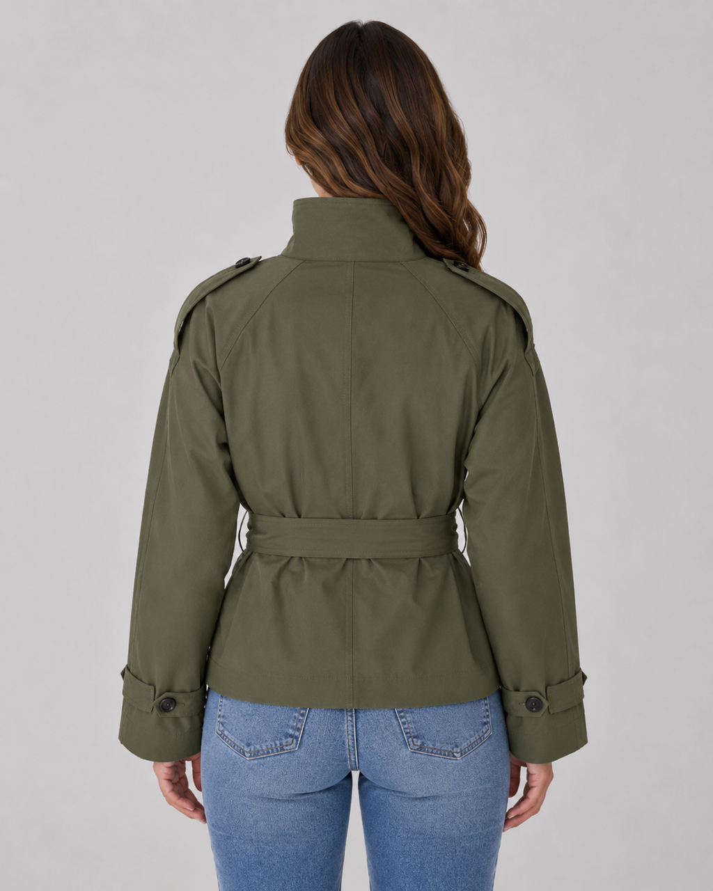 Women’s Cropped Trench Coat – Funnel Neck Tie Waist