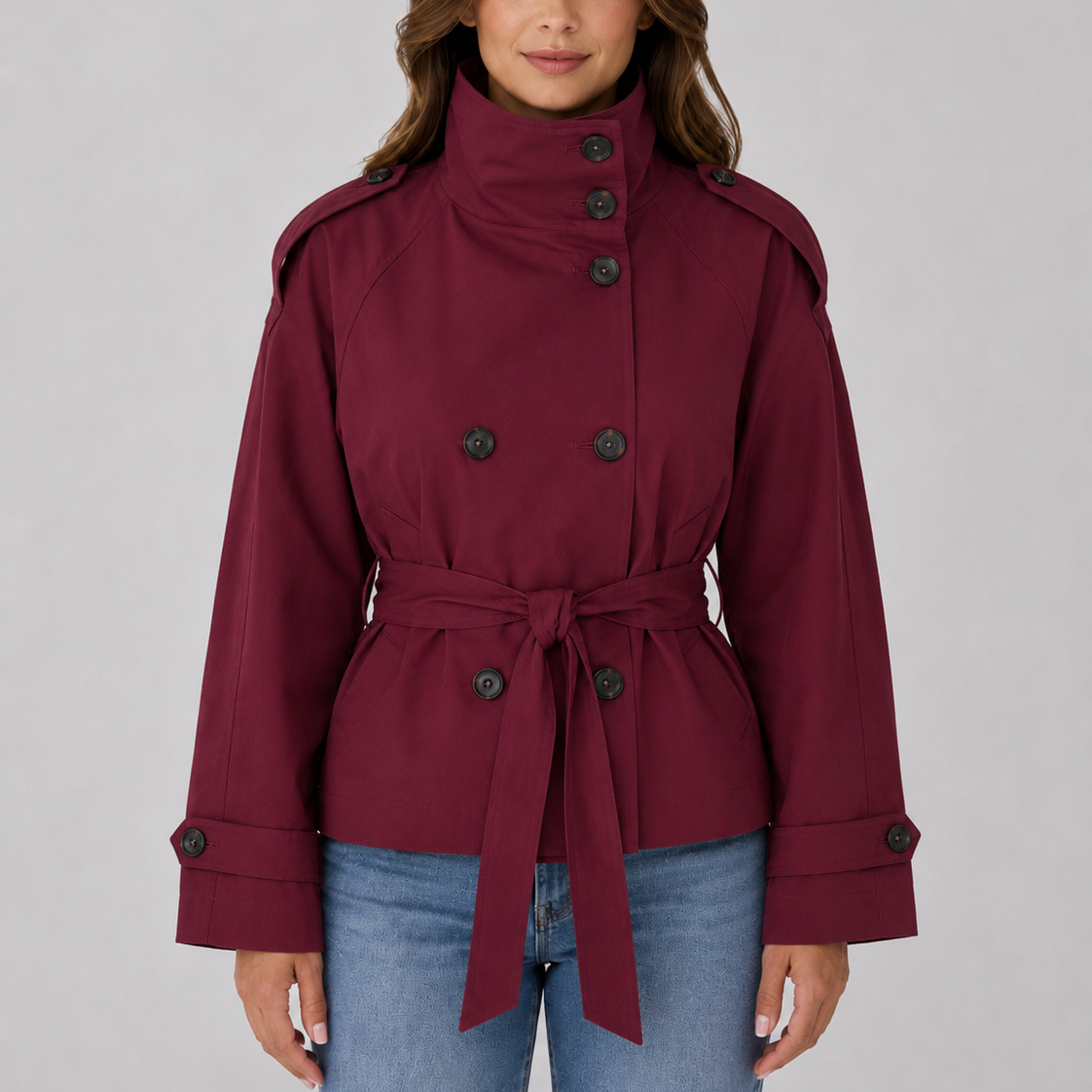 Women’s Cropped Trench Coat – Funnel Neck Tie Waist