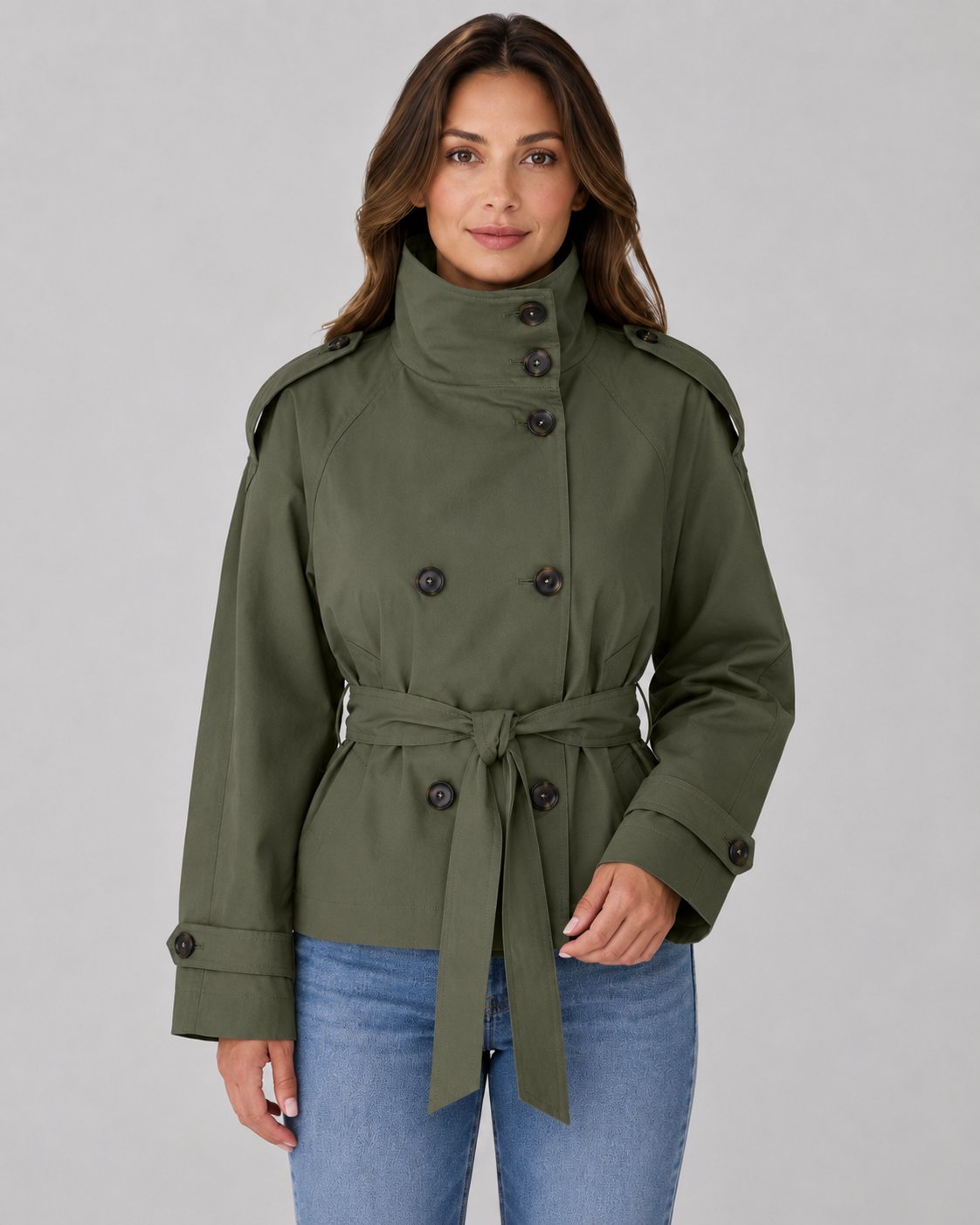 Women’s Cropped Trench Coat – Funnel Neck Tie Waist