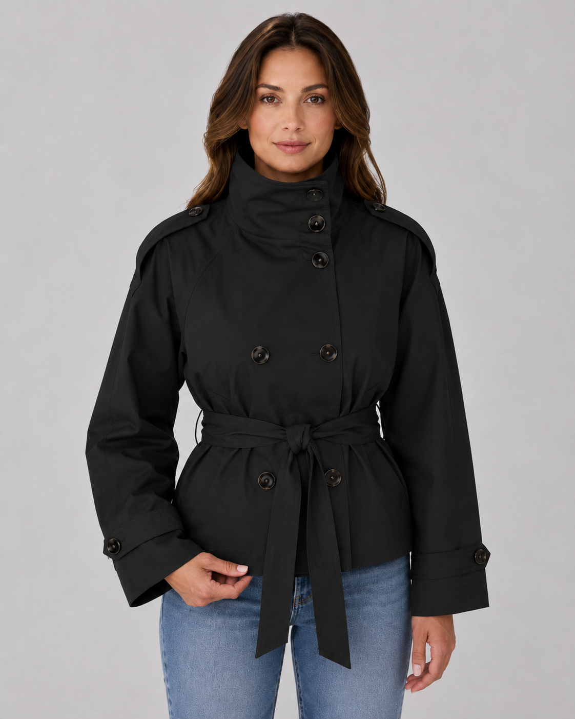 Women’s Cropped Trench Coat – Funnel Neck Tie Waist