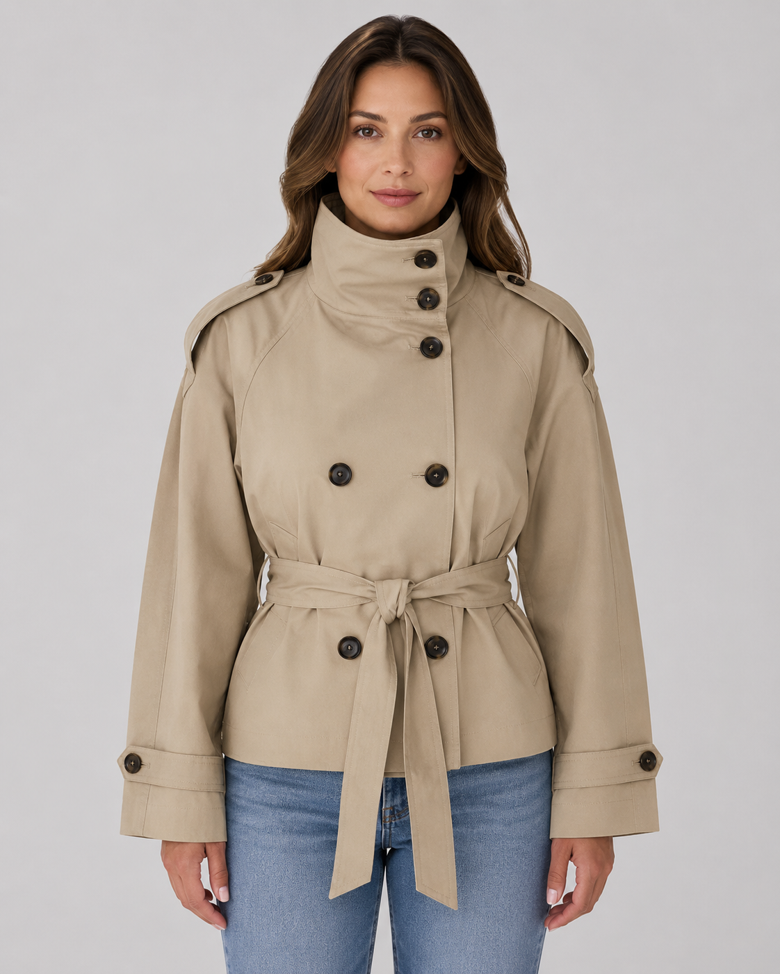Women’s Cropped Trench Coat – Funnel Neck Tie Waist