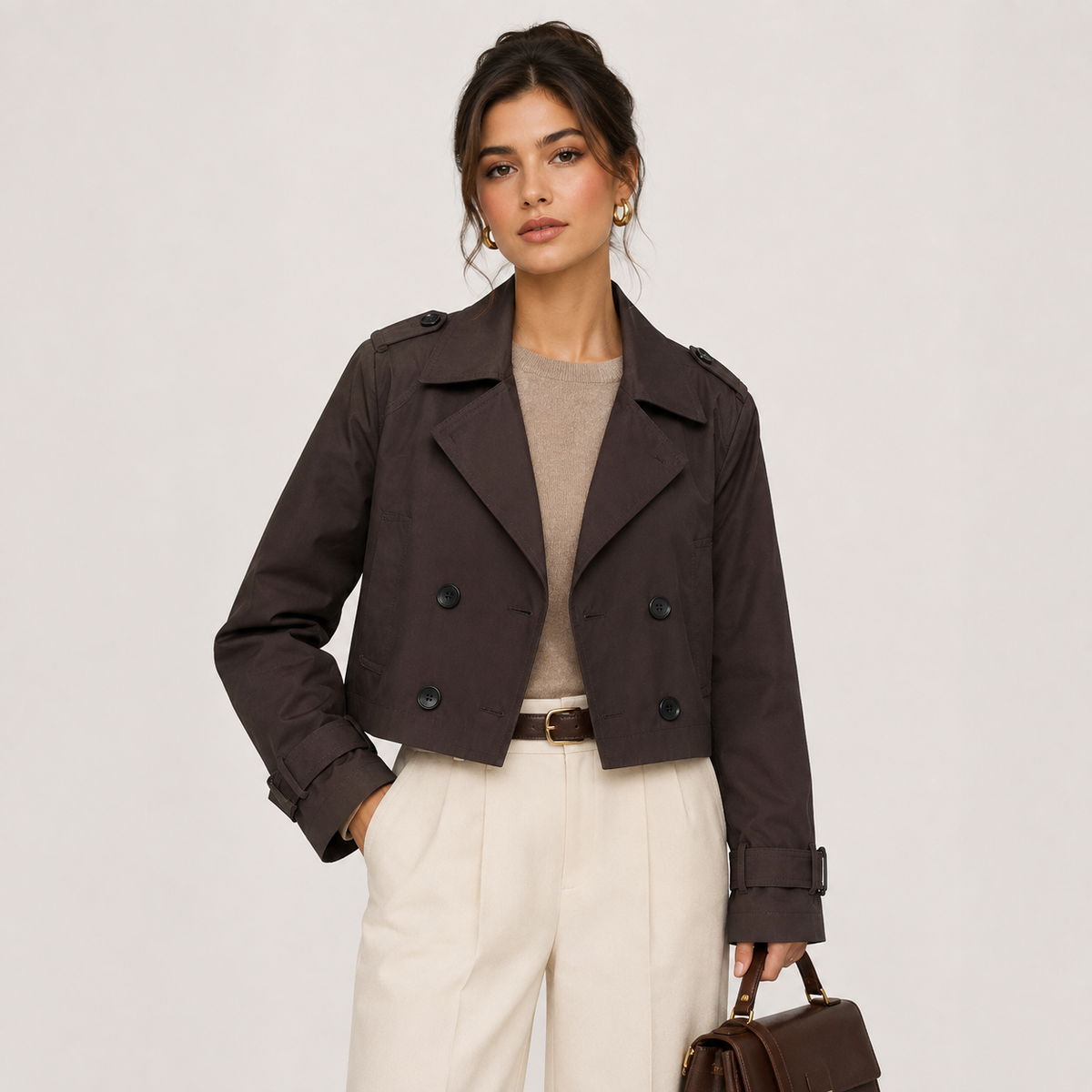 Women's Cropped Trench Jacket - Tailored Double-Breasted Short Coat