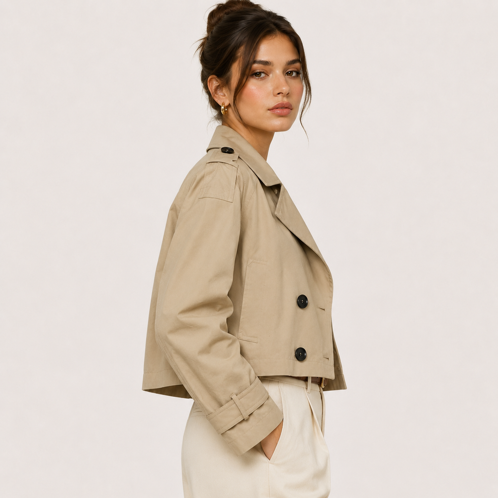 Women's Cropped Trench Jacket - Tailored Double-Breasted Short Coat