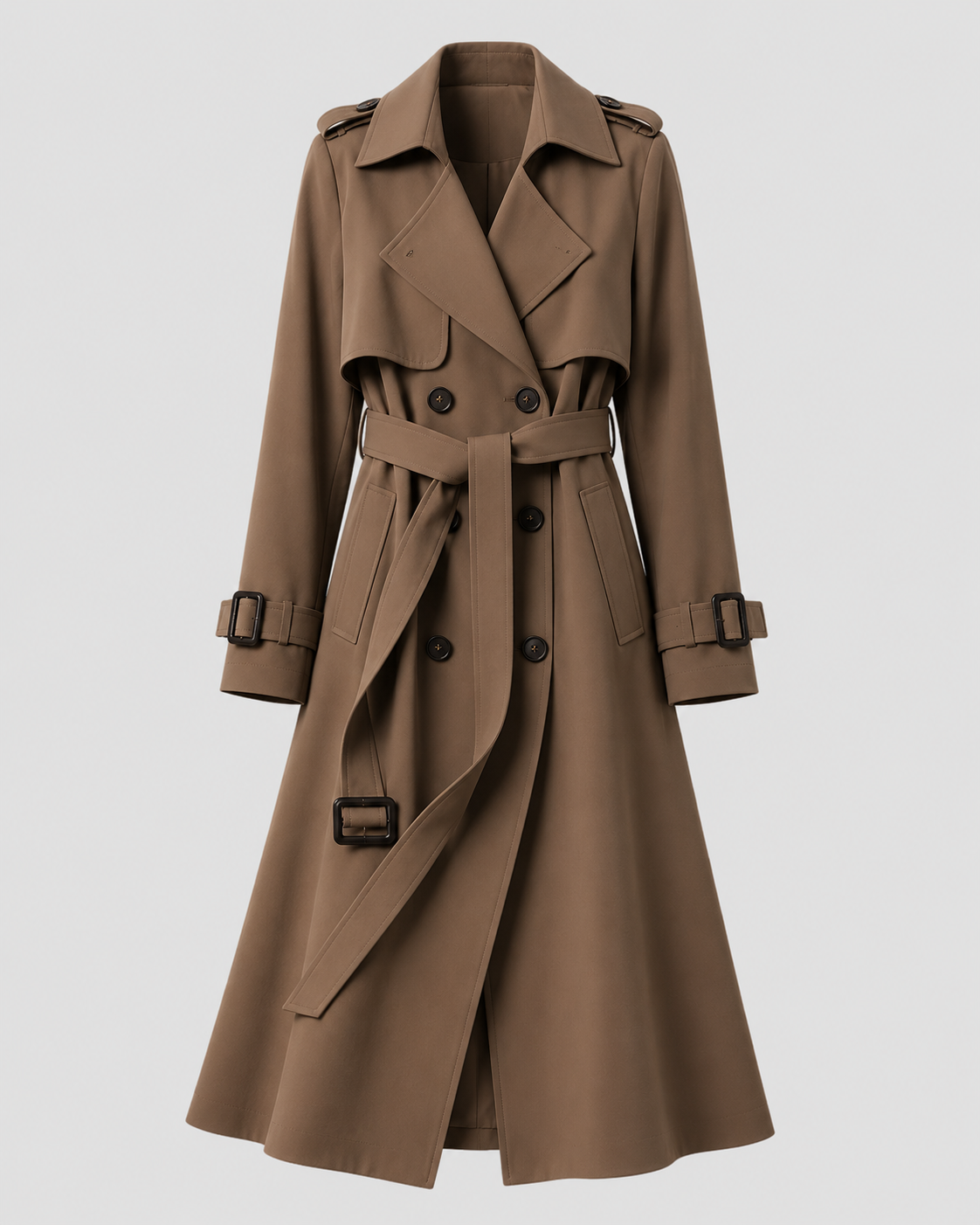 Women's Black Long Trench Coat – Belted Double-Breasted