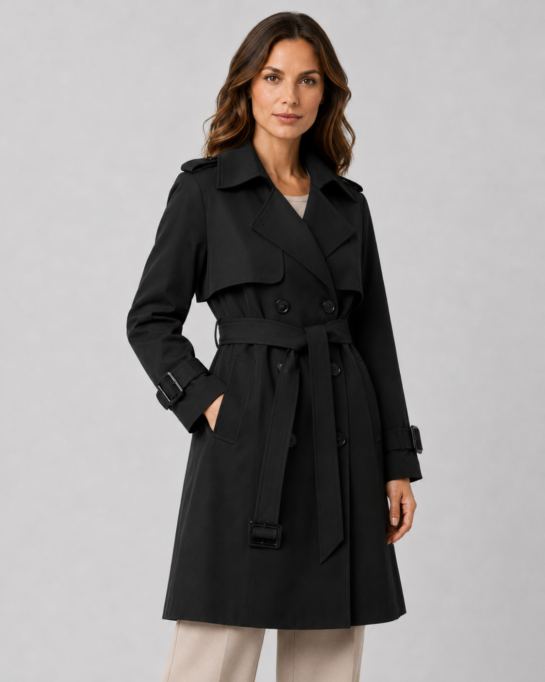 Women's Black Long Trench Coat – Belted Double-Breasted