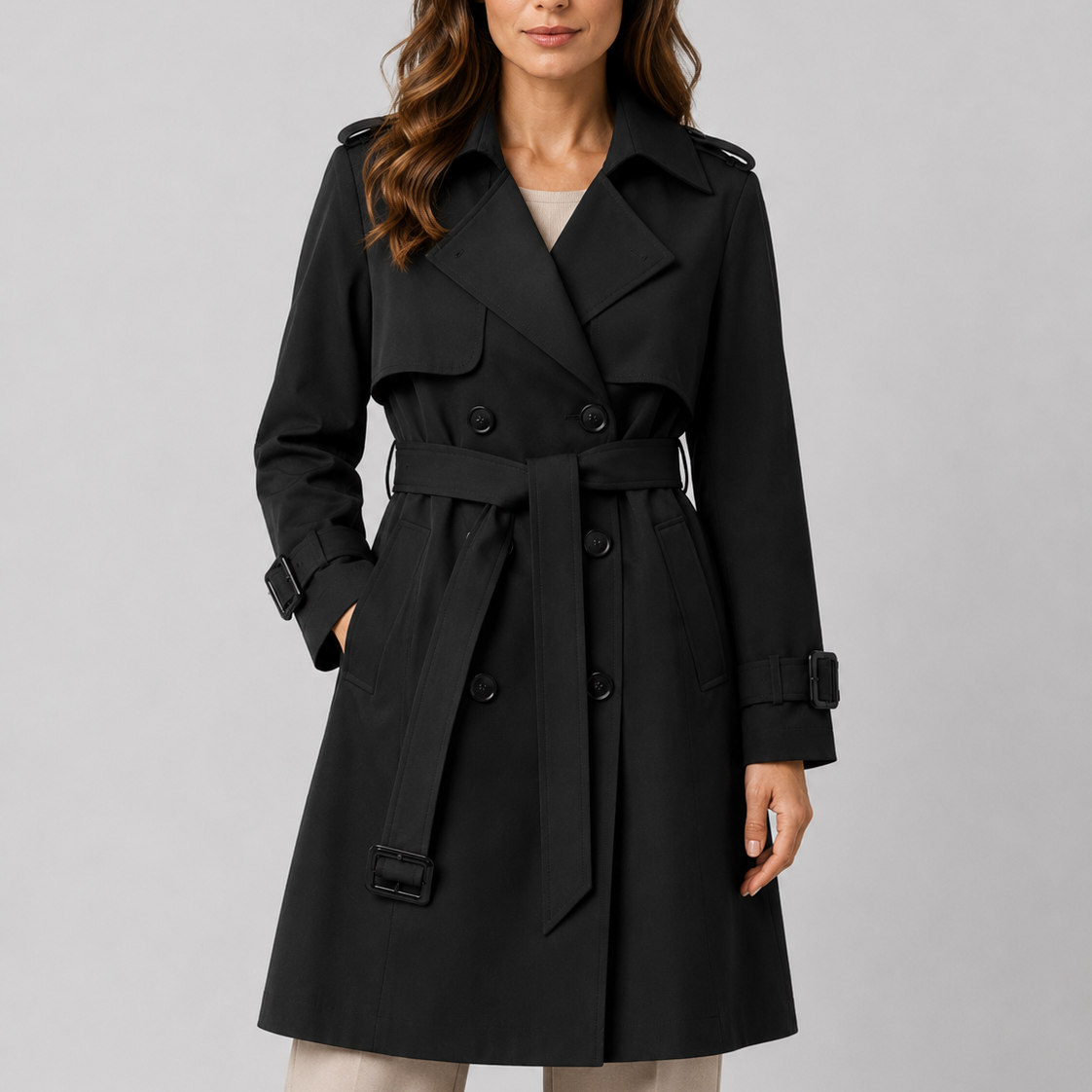 Women's Black Long Trench Coat – Belted Double-Breasted