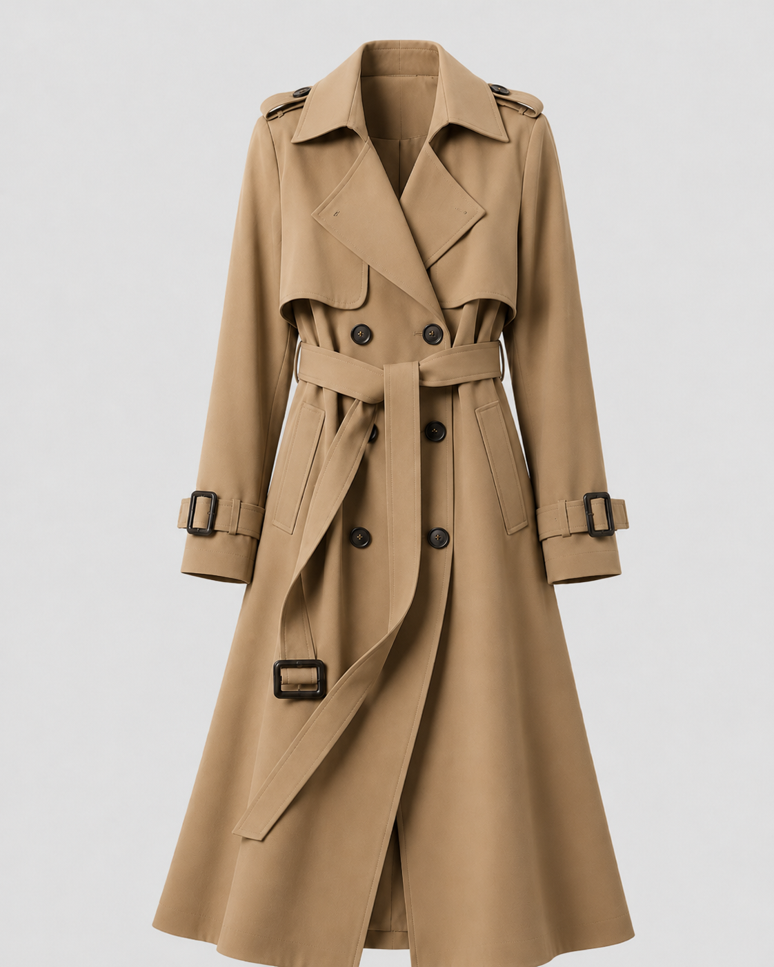 Women's Black Long Trench Coat – Belted Double-Breasted