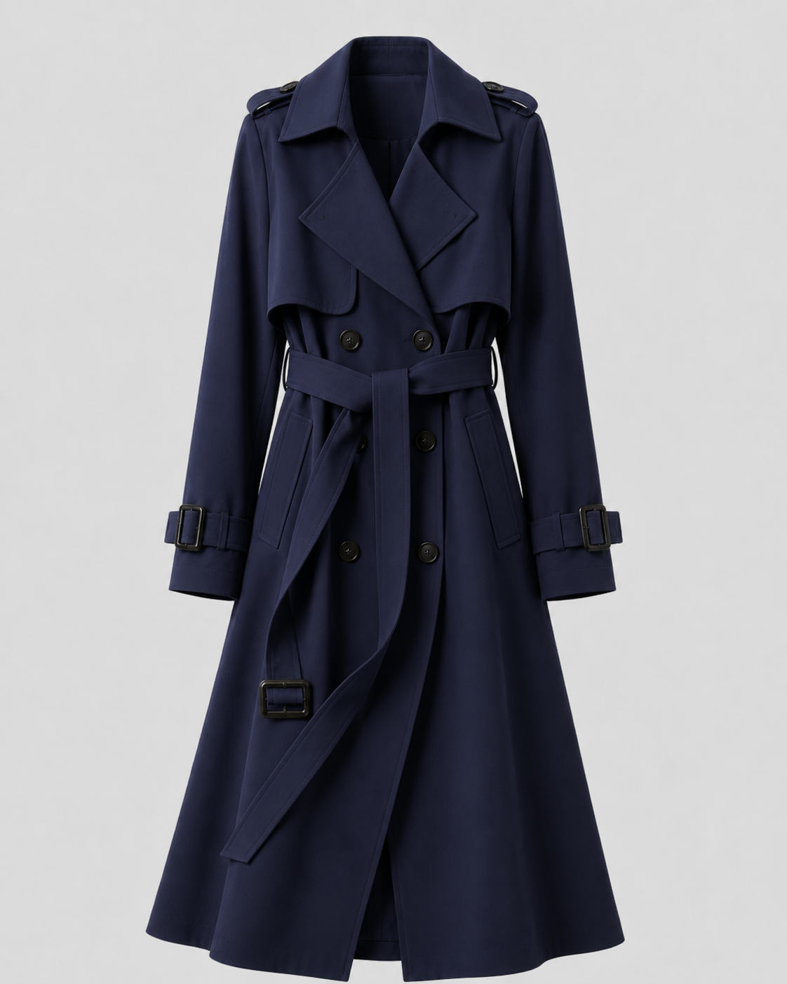 Women's Black Long Trench Coat – Belted Double-Breasted