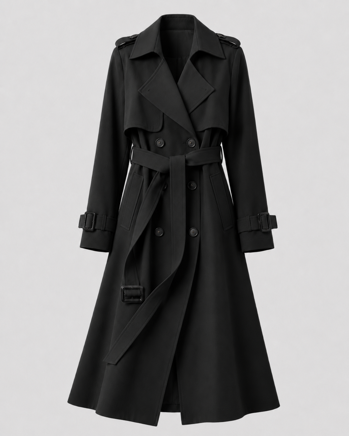 Women's Black Long Trench Coat – Belted Double-Breasted