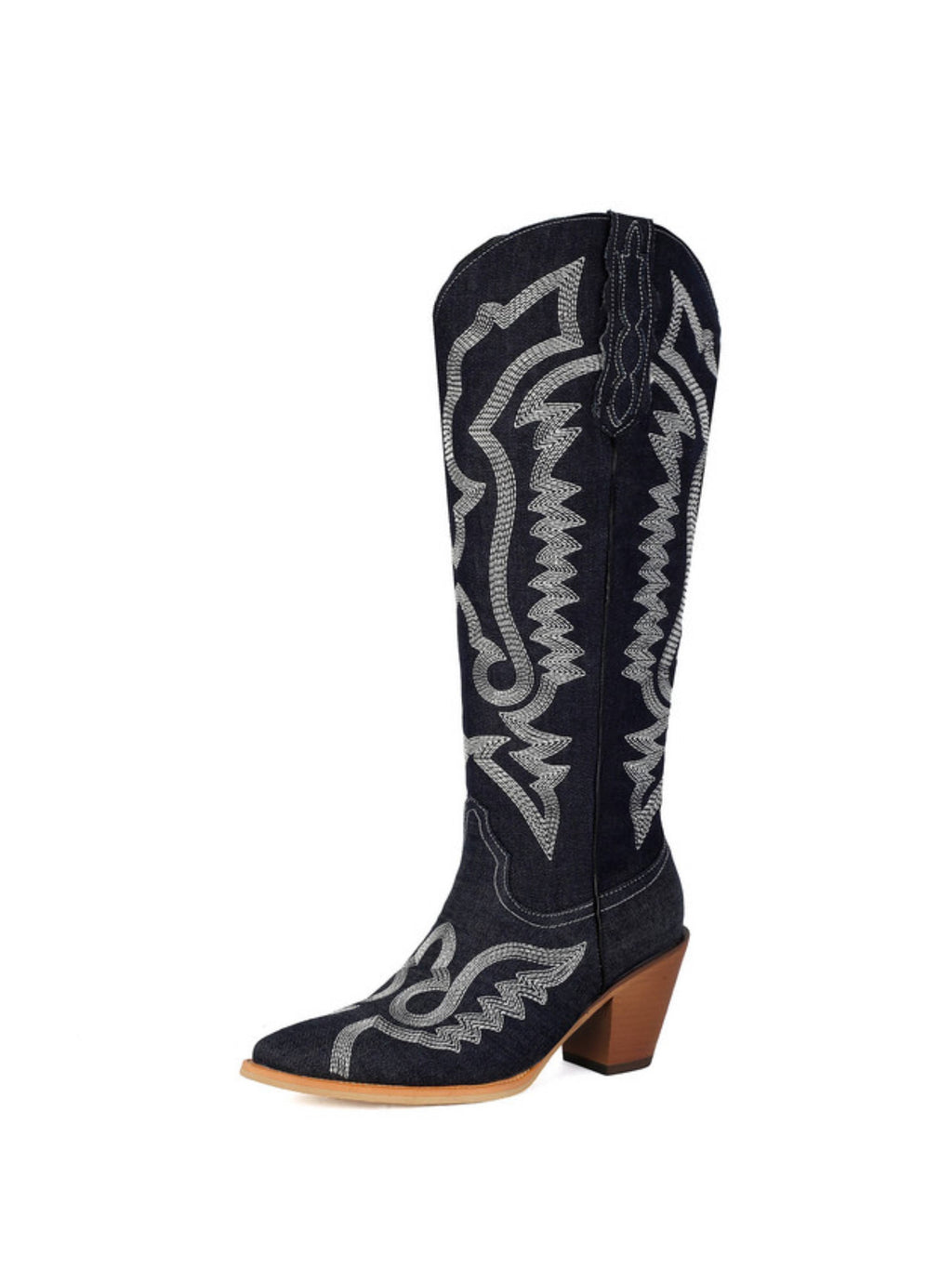 Embroidered Denim Knee High Cowboy Boots for Women - Dark Blue Western Boots