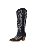 Embroidered Denim Knee High Cowboy Boots for Women - Dark Blue Western Boots