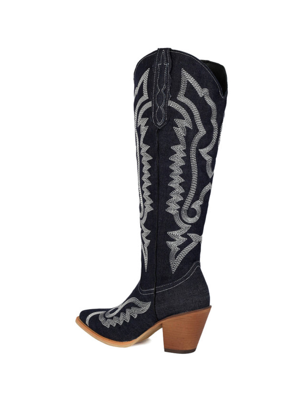 Embroidered Denim Knee High Cowboy Boots for Women - Dark Blue Western Boots