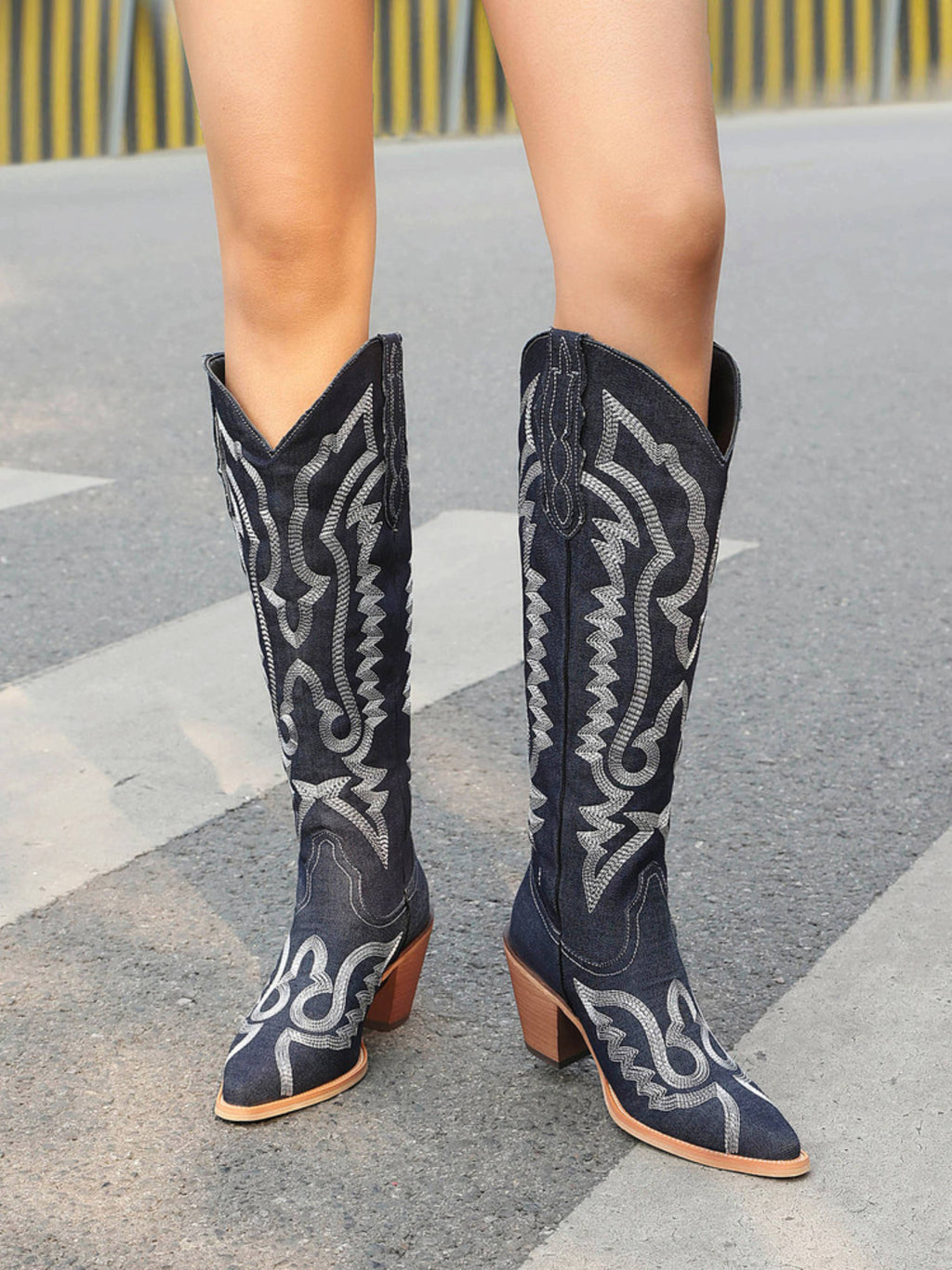 Embroidered Denim Knee High Cowboy Boots for Women - Dark Blue Western Boots