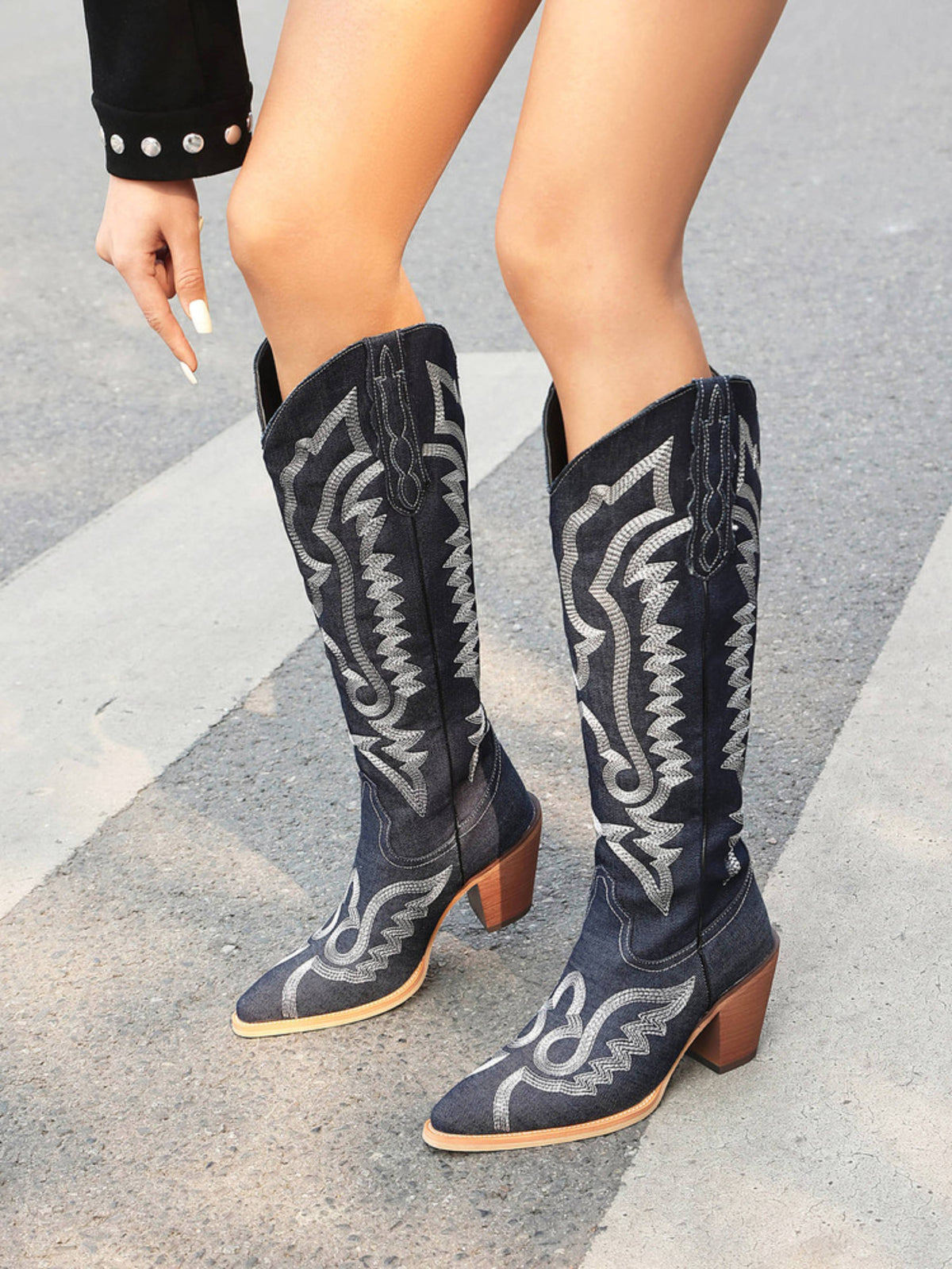Embroidered Denim Knee High Cowboy Boots for Women - Dark Blue Western Boots