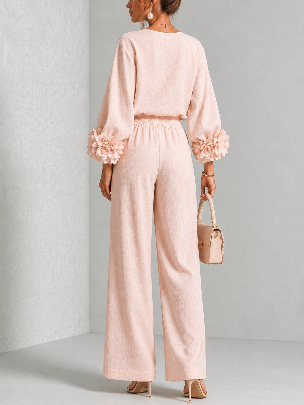 Rosalie Floral Cuff Two-Piece Set | Linen-Blend Wide-Leg Pants & Crew-Neck Top