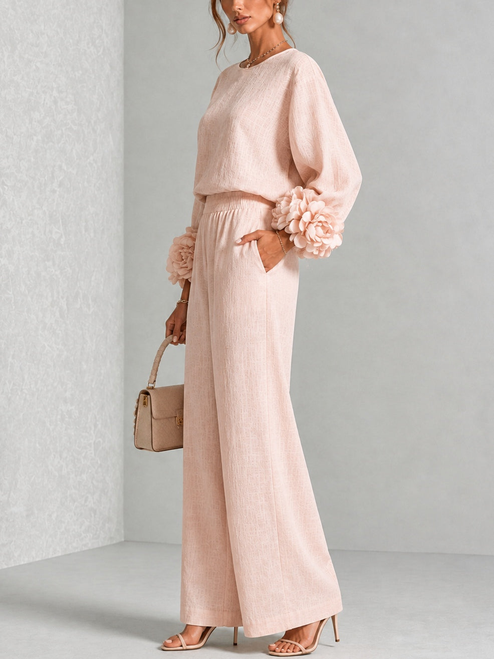 Rosalie Floral Cuff Two-Piece Set | Linen-Blend Wide-Leg Pants & Crew-Neck Top