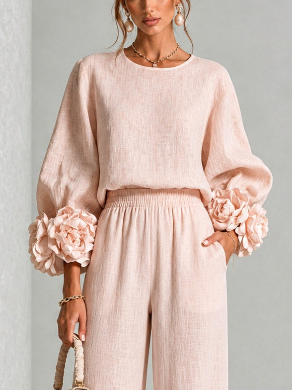 Rosalie Floral Cuff Two-Piece Set | Linen-Blend Wide-Leg Pants & Crew-Neck Top