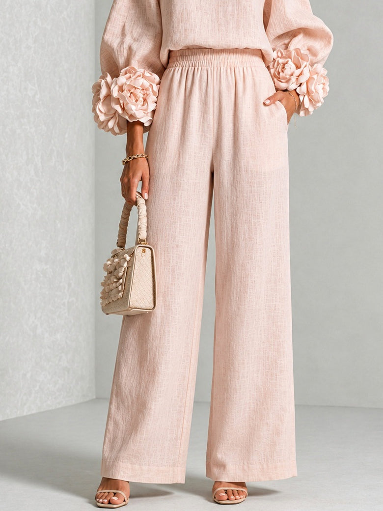 Rosalie Floral Cuff Two-Piece Set | Linen-Blend Wide-Leg Pants & Crew-Neck Top