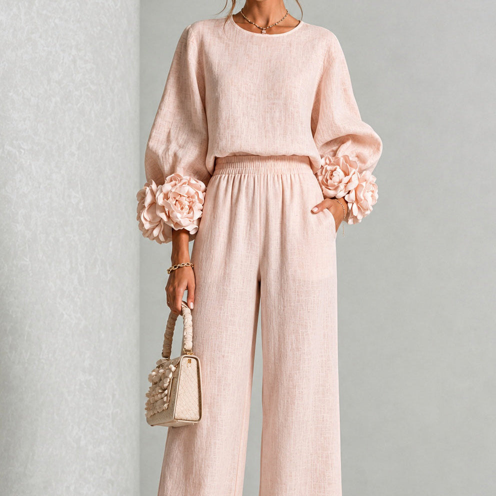 Rosalie Floral Cuff Two-Piece Set | Linen-Blend Wide-Leg Pants & Crew-Neck Top