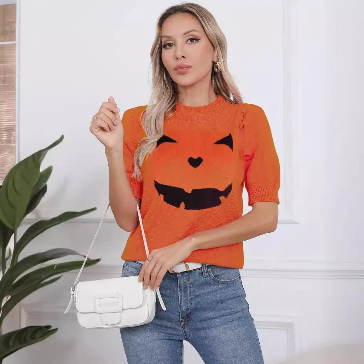 Women's Orange Halloween Pumpkin Face Knit Short-Sleeve Sweater & Spooky Fall Pullover