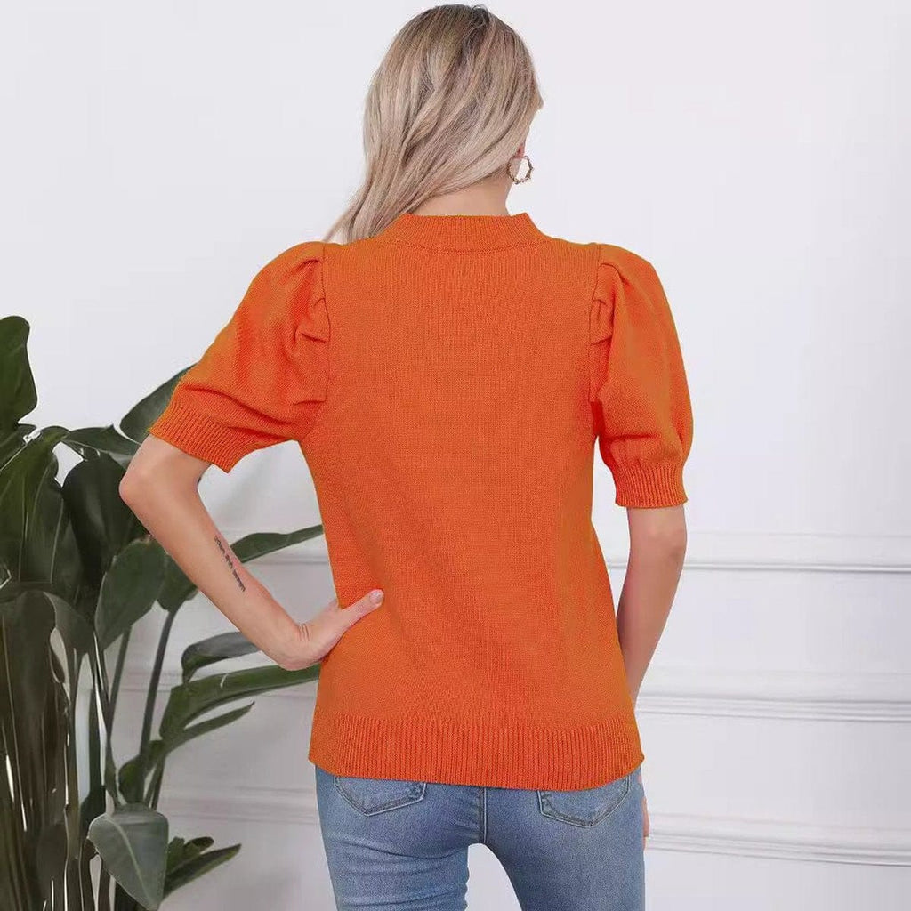 Women's Orange Halloween Pumpkin Face Knit Short-Sleeve Sweater & Spooky Fall Pullover