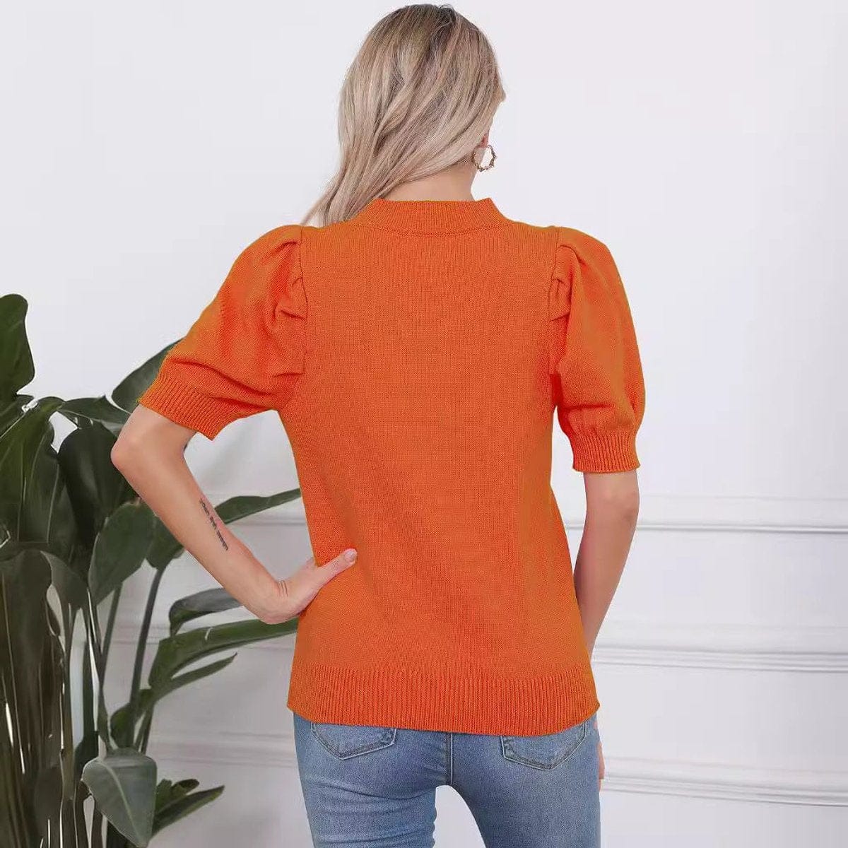 Women's Orange Halloween Pumpkin Face Knit Short-Sleeve Sweater & Spooky Fall Pullover