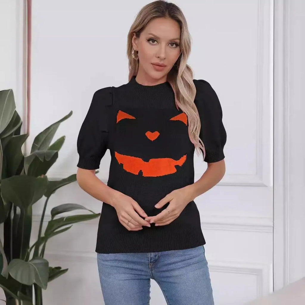 Women's Orange Halloween Pumpkin Face Knit Short-Sleeve Sweater & Spooky Fall Pullover
