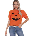 Women's Orange Halloween Pumpkin Face Knit Short-Sleeve Sweater & Spooky Fall Pullover