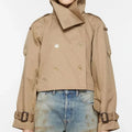 Women's Belted Beige Cropped Trench Jacket - Cotton Double-Breasted Short Coat