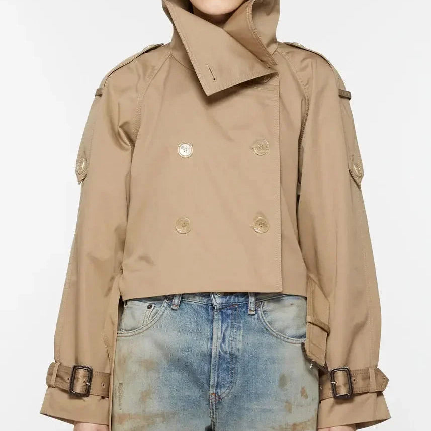 Women's Belted Beige Cropped Trench Jacket - Cotton Double-Breasted Short Coat