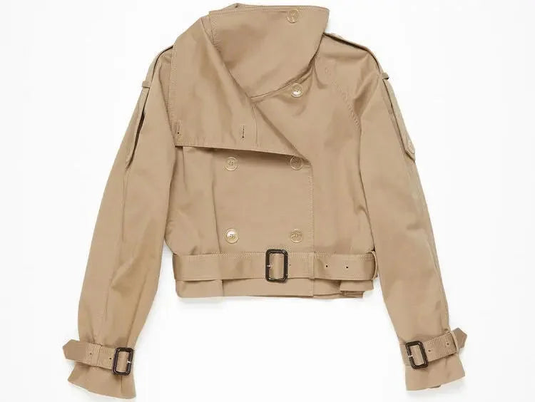 Women's Belted Beige Cropped Trench Jacket - Cotton Double-Breasted Short Coat