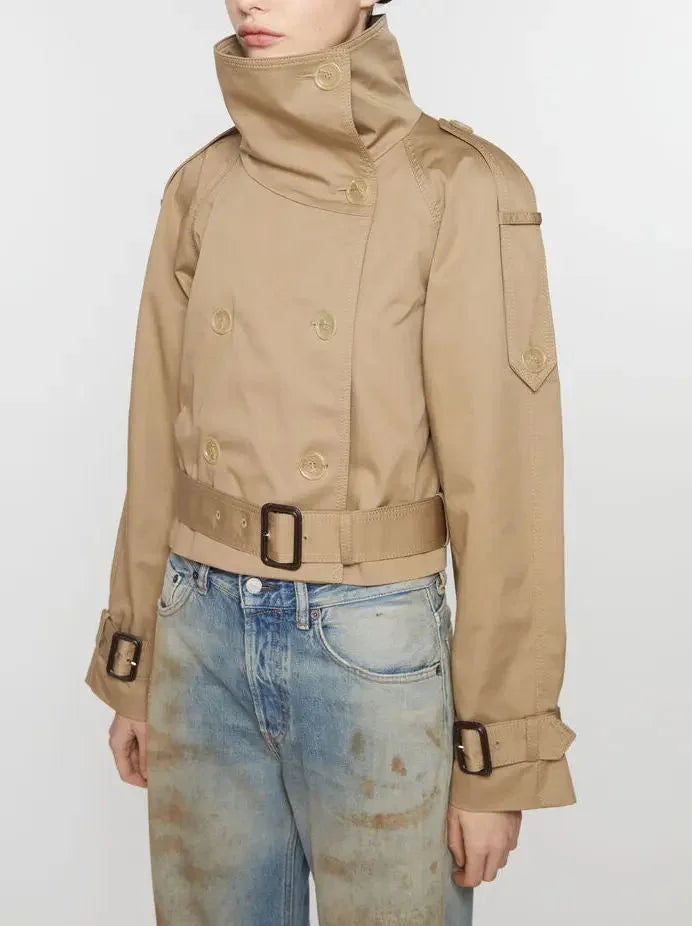 Women's Belted Beige Cropped Trench Jacket - Cotton Double-Breasted Short Coat