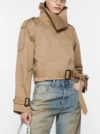 Women's Belted Beige Cropped Trench Jacket - Cotton Double-Breasted Short Coat