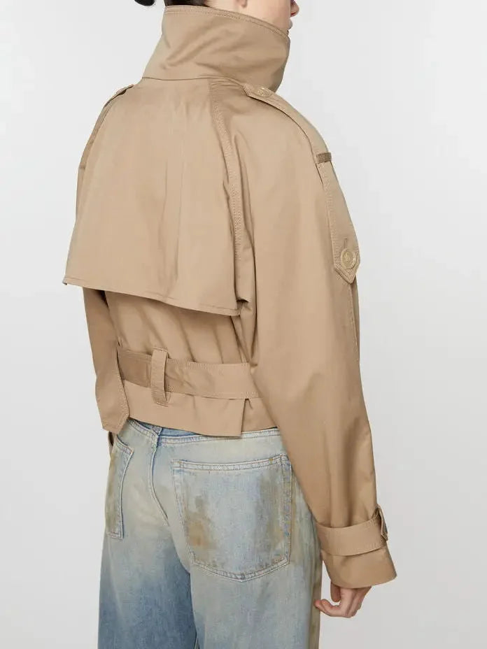 Women's Belted Beige Cropped Trench Jacket - Cotton Double-Breasted Short Coat