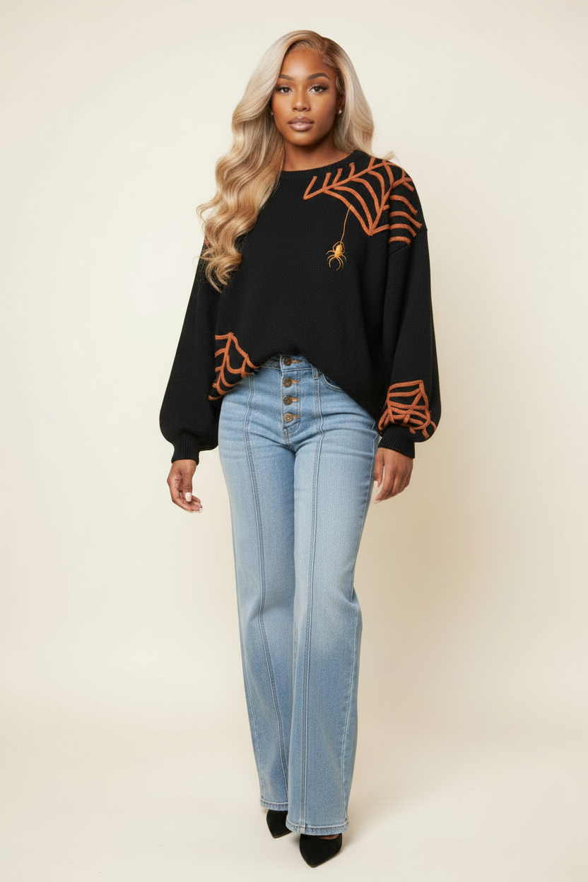 The Night Crawler Cobweb Oversized Black Sweater - Spooky Gothic Halloween Pullover