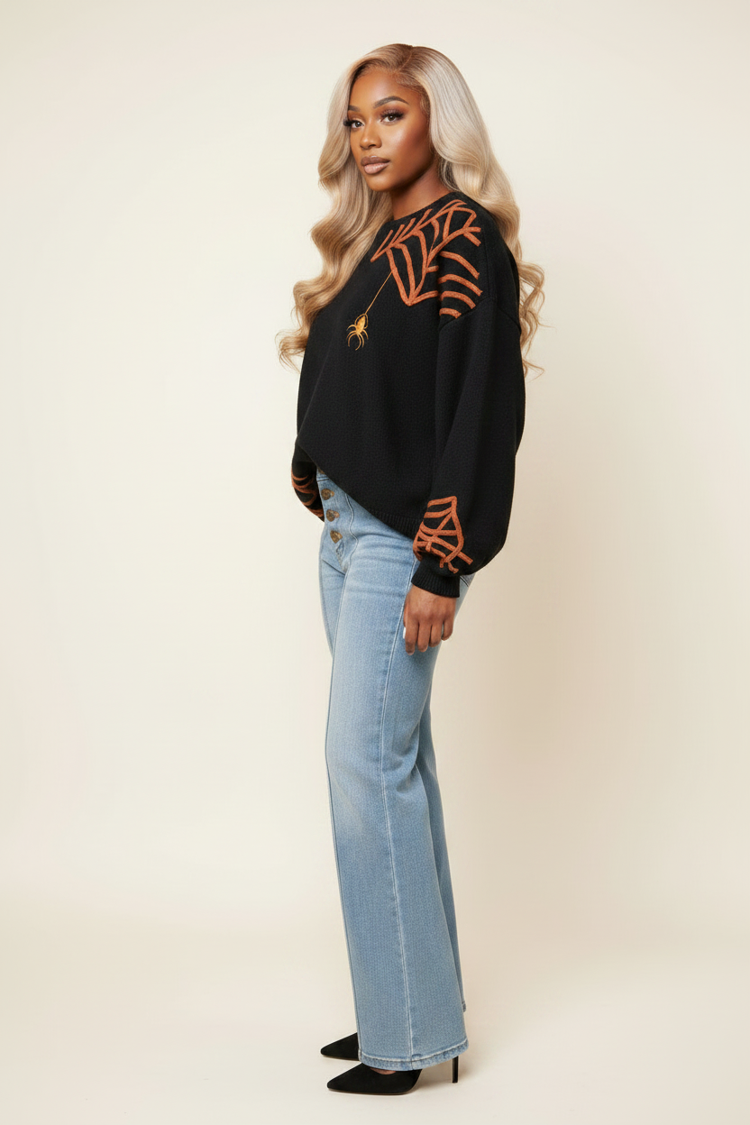 The Night Crawler Cobweb Oversized Black Sweater - Spooky Gothic Halloween Pullover
