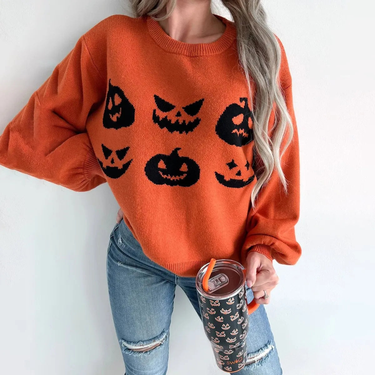 Women's Orange Oversized Halloween Pumpkin Graphic Knit Sweater & Spooky Fall Pullover