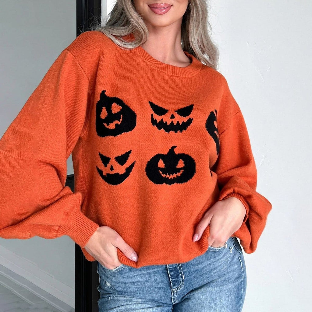 Women's Orange Oversized Halloween Pumpkin Graphic Knit Sweater & Spooky Fall Pullover