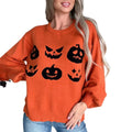 Women's Orange Oversized Halloween Pumpkin Graphic Knit Sweater & Spooky Fall Pullover
