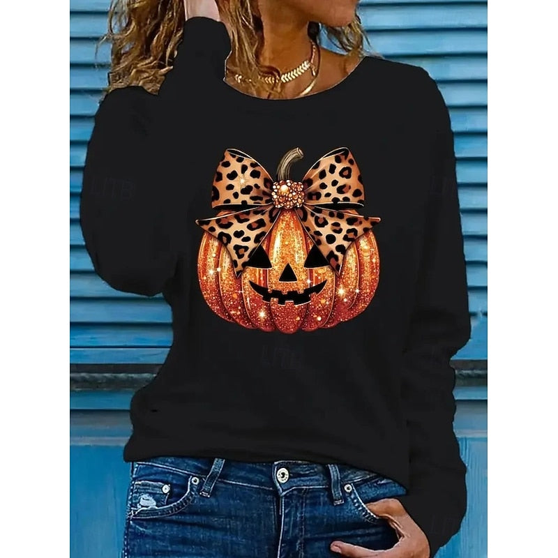 Women's Sparkling Pumpkin Graphic Long-Sleeve Black Halloween Top
