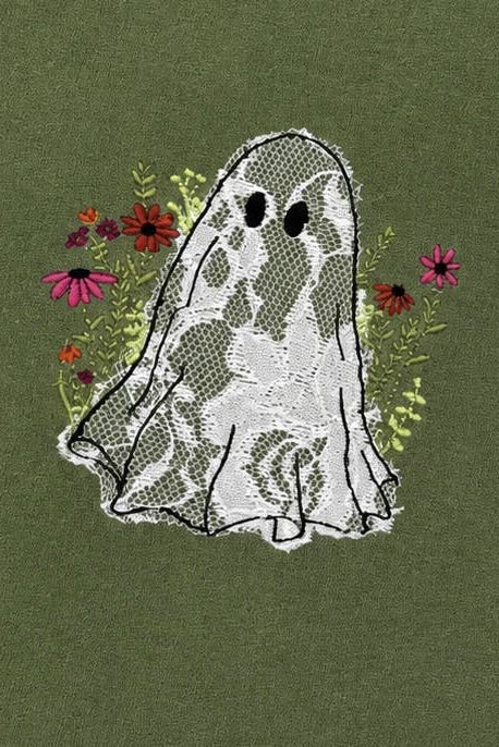 Women's Olive Lace Ghost Sweatshirt - Embroidered Floral Halloween Pullover