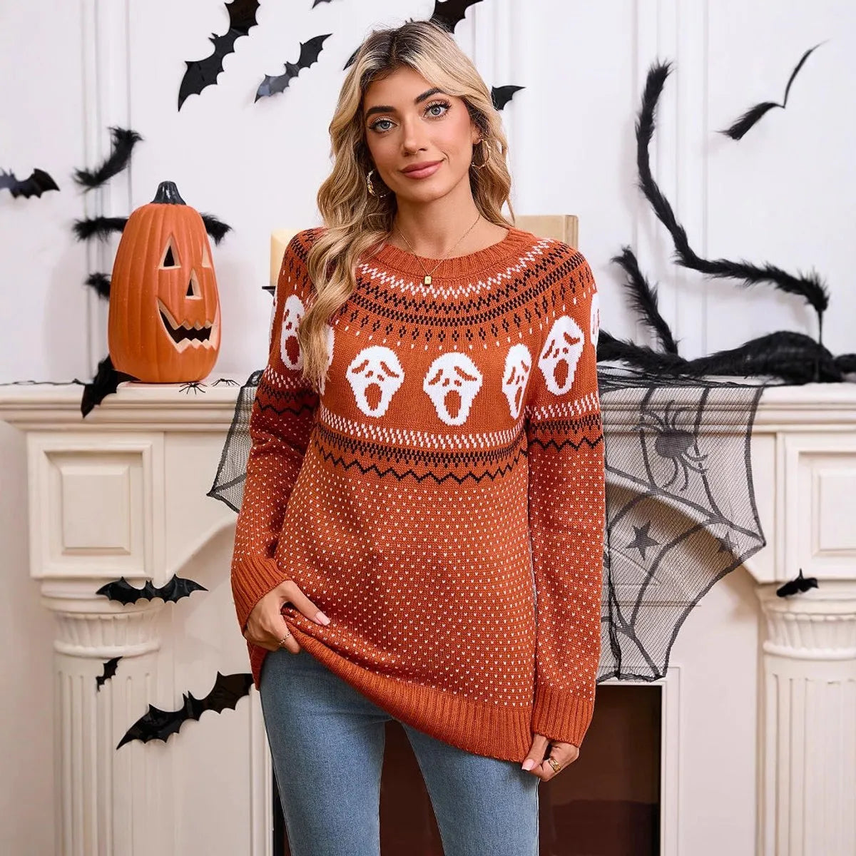 Women's Halloween Ghost Knit Crewneck Long-Sleeve Sweater & Fall Pullover
