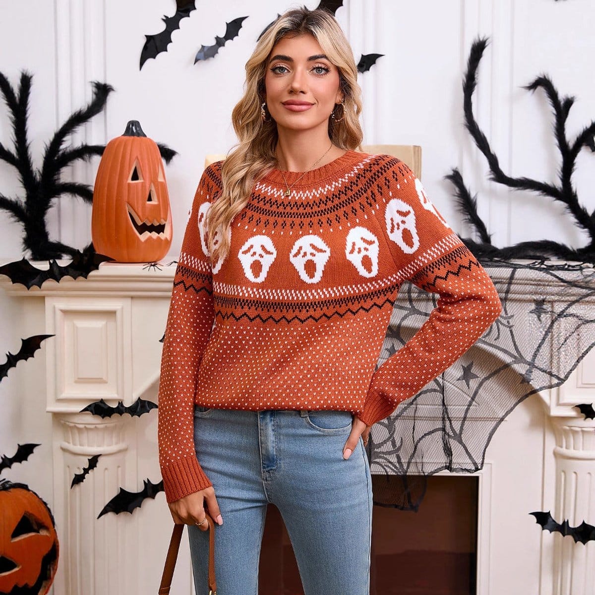 Women's Halloween Ghost Knit Crewneck Long-Sleeve Sweater & Fall Pullover