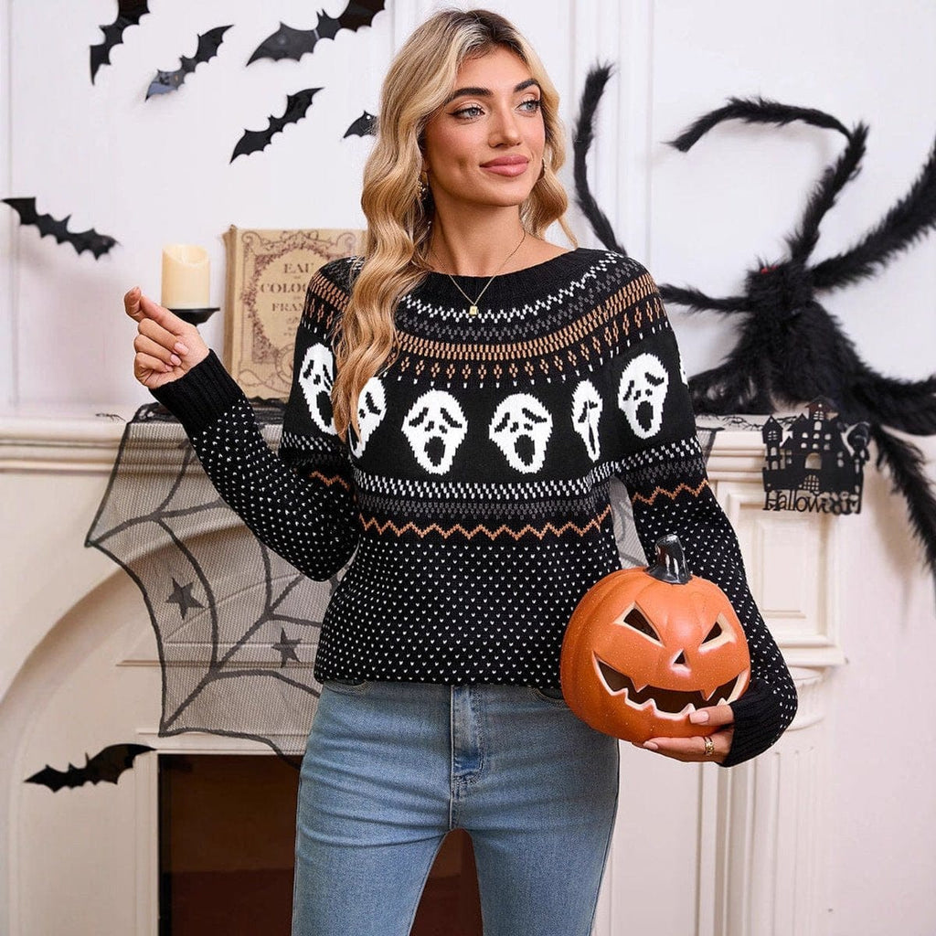 Women's Halloween Ghost Knit Crewneck Long-Sleeve Sweater & Fall Pullover